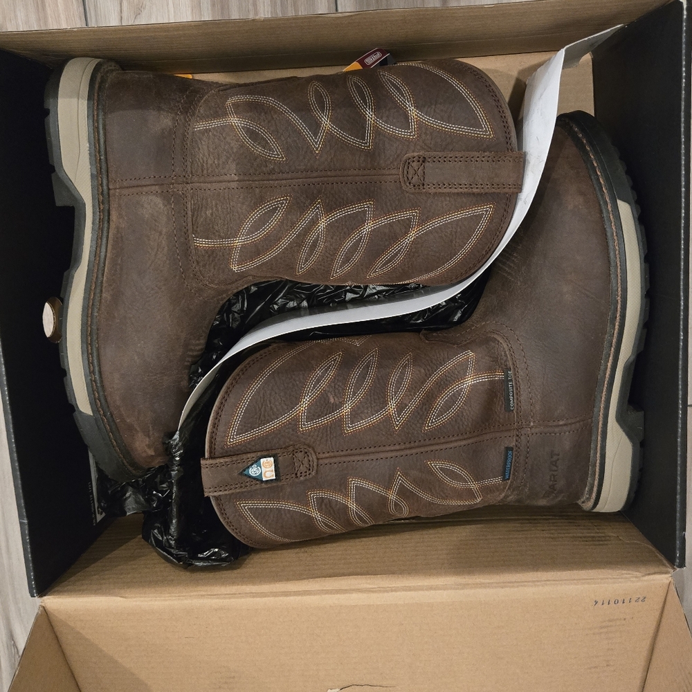 😁NWT Ariat Womens Riveter Pull-On CSA H20 Comp Toe Brown Leather Work Boots 8.5 - Picture 11 of 11